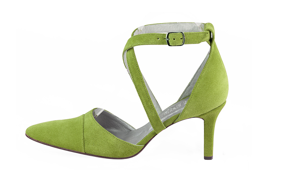 Grass green women's open side shoes, with crossed straps. Tapered toe. High slim heel. Profile view - Florence KOOIJMAN